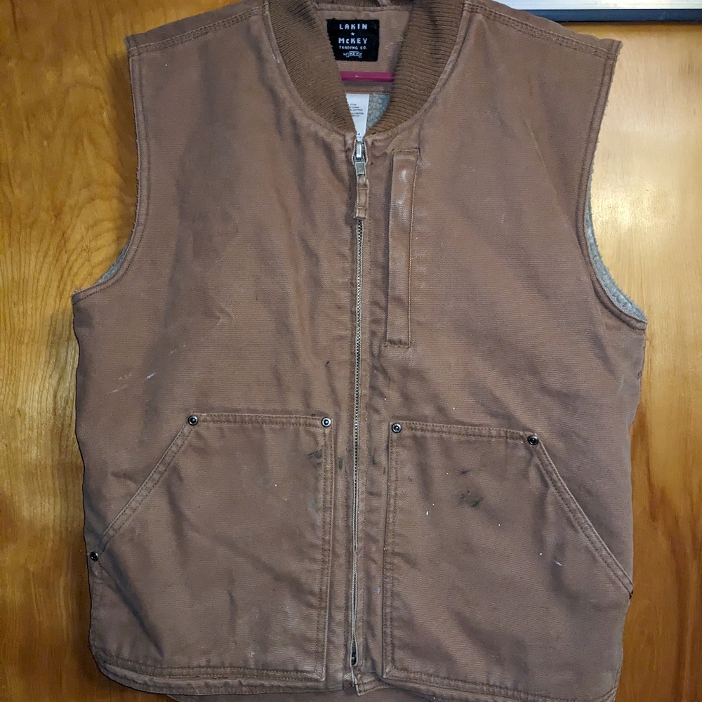 Lakin Mckey Trading Co Sherpa Lined Canvas Vest Brown Zip Up Workwear Mens